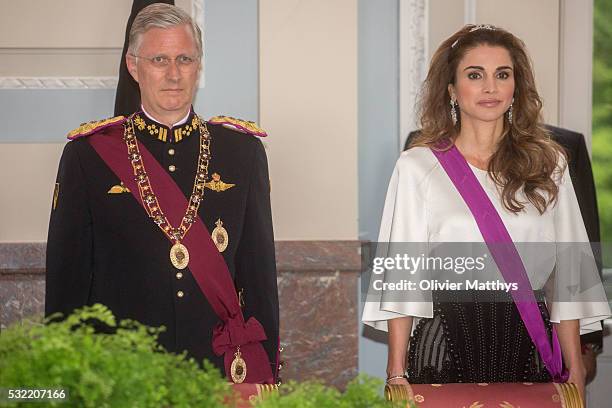 King Philippe of Belgium and Queen Rania of Jordan during prior to gala dinner at the Royal Palace of Lakaen on May 18, 2016 in Brussels, Belgium.