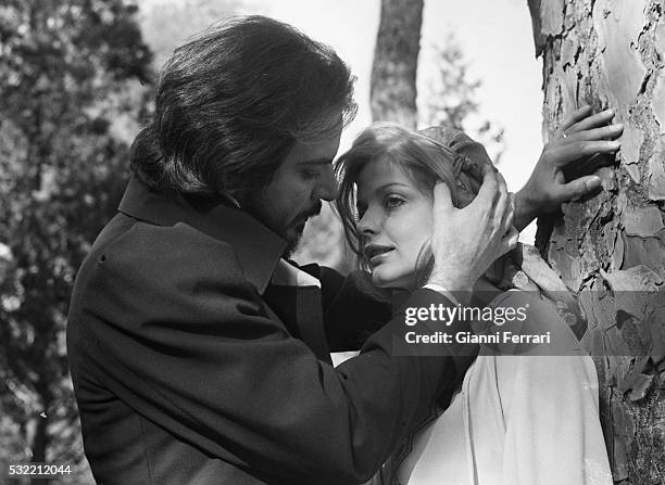 Venezuelan actor Spartaco Santoni and Swedish actress Ewa Aulin in a scene from the film 'Ceremonia Sangrienta,' Madrid, Spain, 1973.