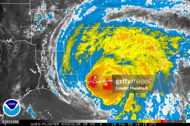 Hurricane Dennis is seen in this handout infrared satellite image provided by NOAA July 10, 2005 over the US Gulf Coast. Dennis is now a Category 3...