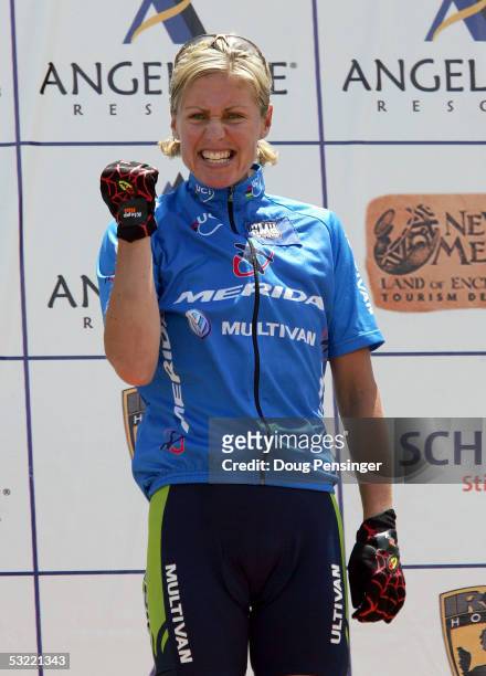 Gunn-Rita Dahle of Norway takes the podium with the World Cup points leader jersey after winning the women's Cross Country Race at the UCI Mountain...