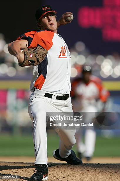 Pitcher Adam Loewen of the World Team delivers a pitch against Team USA during the 2005 Major League Baseball Futures Game at Comerica Park on July...