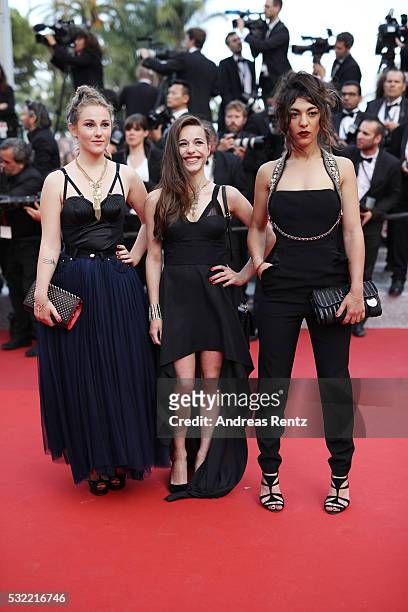 Juliette Saumagne, Elisa Paris and Lucie Lebrun attends "The Unknown Girl " Premiere during the 69th annual Cannes Film Festival at the Palais des...
