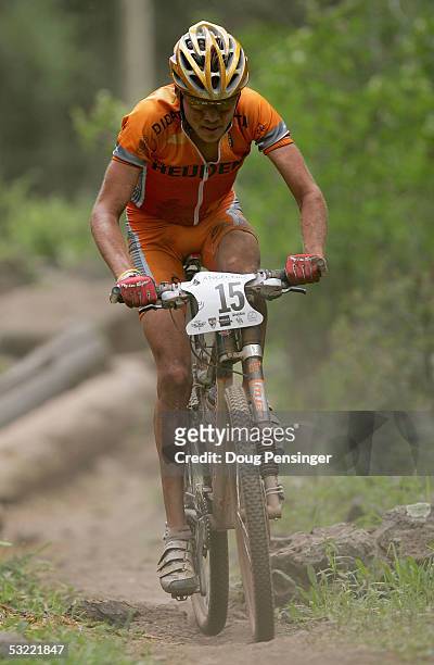 Erwin Bakker of the Netherlands races to third place in the Men's Cross Country Race at the UCI Mountain Bike World Cup at the Angel Fire Resort on...