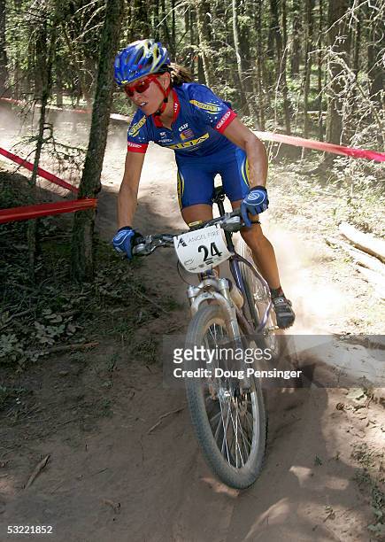 Shonny Vanandingham of the USA races to fourth place in the Women's Cross Country Race at the UCI Mountain Bike World Cup at the Angel Fire Resort...