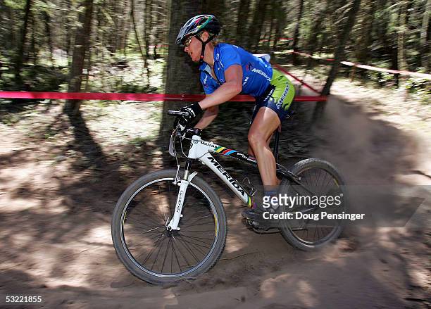 Rita Gunn Dahle of Norway races to victory in the Women's Cross Country Race at the UCI Mountain Bike World Cup at the Angel Fire Resort July 10,...
