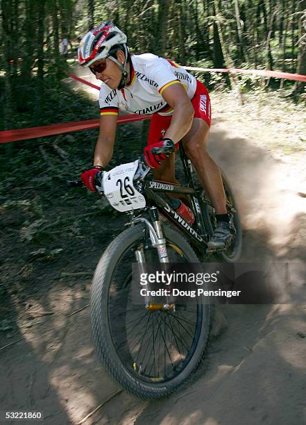 Sabine Spitz of Germany races to third place in the Womens Cross Country Race at the UCI Mountain Bike World Cup at the Angel Fire Resort July 10,...