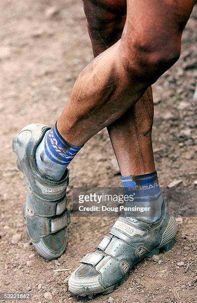 Jeremy Horgan Kobelski of the USA rests his legs at the finish line after he finished fifth in the Men's Cross Country Race at the UCI Mountain Bike...