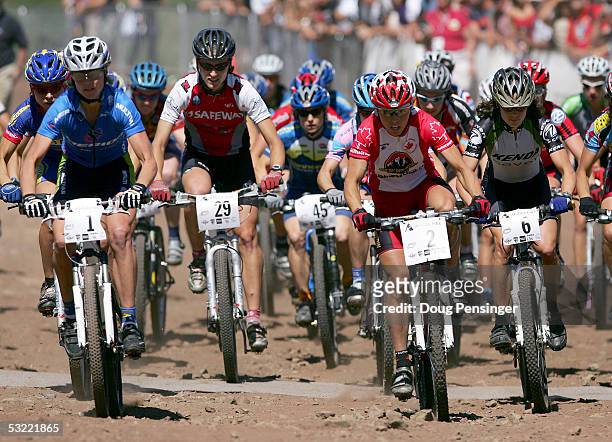 Competitors take the start in the Womens Cross Country Race at the UCI Mountain Bike World Cup July 10, 2005 at the Angel Fire Resort in Angel Fire,...