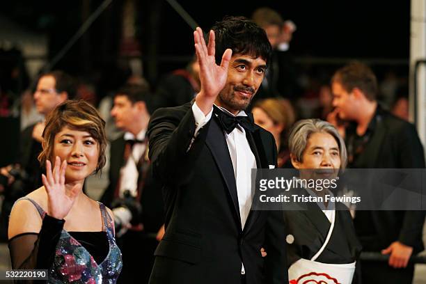 Actress Maki Yoko, actor Abe Hiroshi and actress Kilin Kiki attend the screening of "After The Storm" at the annual 69th Cannes Film Festival at...