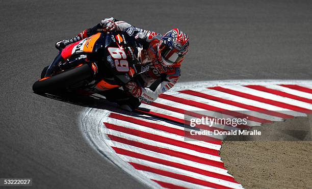 Nicky Hayden of the USA rides his Repsol Team Honda to victory during the 2005 Red Bull U.S. Grand Prix, part of the MotoGP World Championships, at...