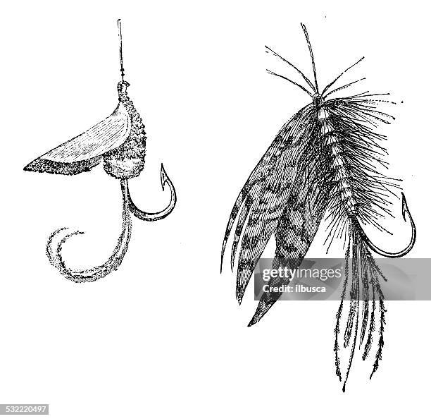 antique illustration of fake insect bait - vintage fishing lure stock illustrations