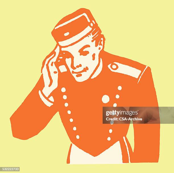 bellhop with a headache - bellhop stock illustrations