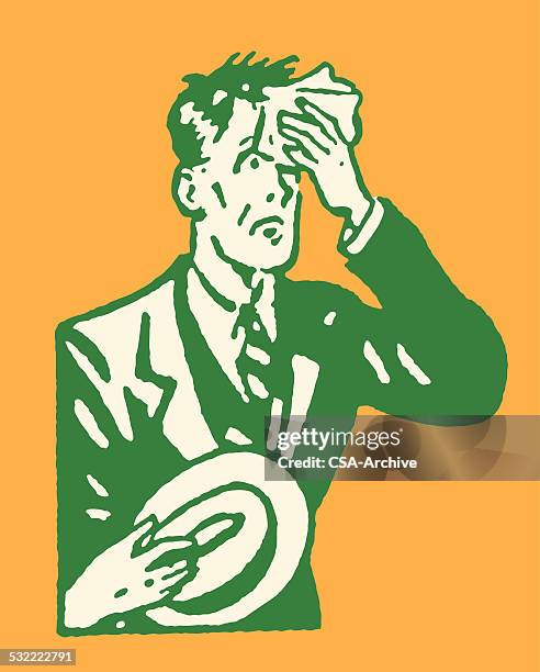 man in suit holding hat and wiping forehead - overheated person stock illustrations