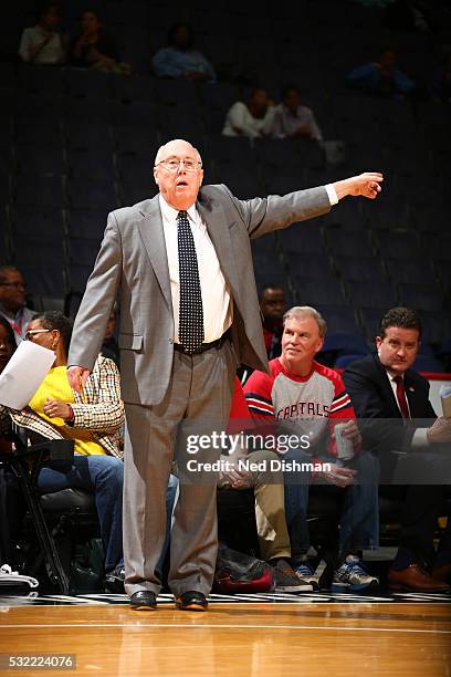 Head coach Mike Thibault of the Washington Mystics looks on against the Dallas Wings on May 18, 2016 at the Verizon Center in Washington, DC. NOTE TO...