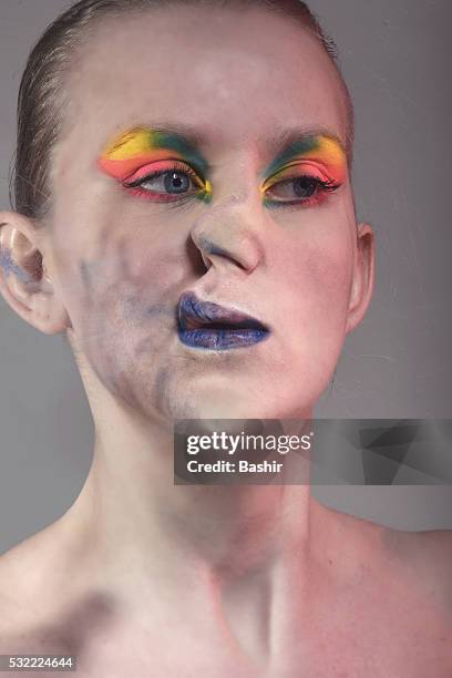 cubist portrait of a woman squashing her face on glass - crushed stock pictures, royalty-free photos & images