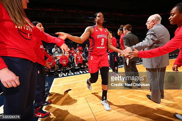 Kia Vaughn of the Washington Mystics is introduced before the game against the Dallas Wings on May 18, 2016 at the Verizon Center in Washington, DC....