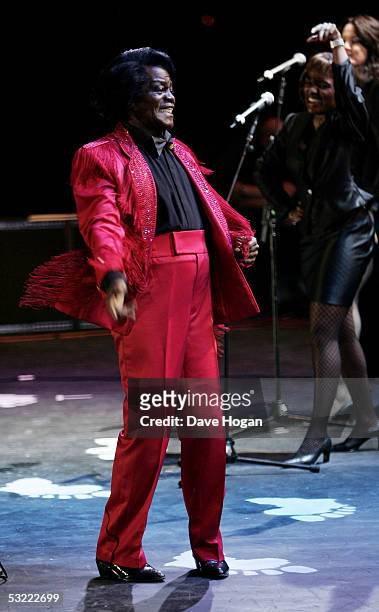 Musician James Brown performs on stage at the Live 8 Edinburgh concert at Murrayfield Stadium on July 6, 2005 in Edinburgh, Scotland. The free gig,...