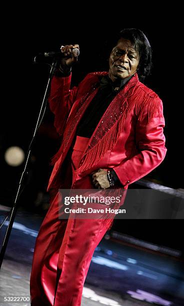 Musician James Brown performs on stage at the Live 8 Edinburgh concert at Murrayfield Stadium on July 6, 2005 in Edinburgh, Scotland. The free gig,...