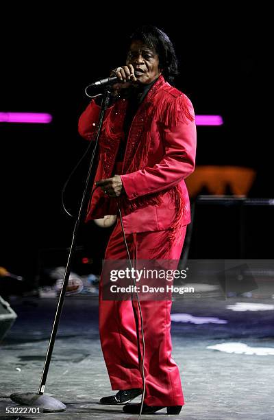 Musician James Brown performs on stage at the Live 8 Edinburgh concert at Murrayfield Stadium on July 6, 2005 in Edinburgh, Scotland. The free gig,...