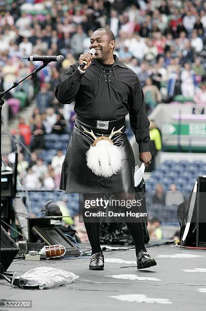 Comedian Lenny Henry appears on stage at the Live 8 Edinburgh concert at Murrayfield Stadium on July 6, 2005 in Edinburgh, Scotland. The free gig,...