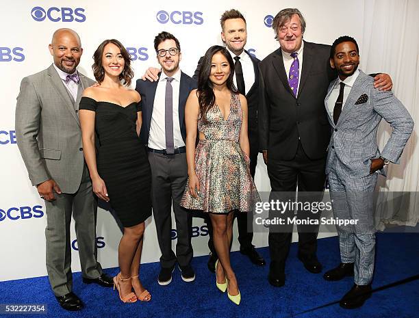 Actors Chris Williams, Susannah Fielding, Christopher Mintz-Plasse, Christine Ko, Joel McHale, Stephen Fry and Shaun Brown of CBS television series...