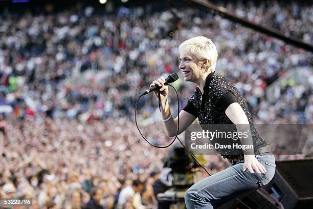 Musician Annie Lennox performs on stage at the Live 8 Edinburgh concert at Murrayfield Stadium on July 6, 2005 in Edinburgh, Scotland. The free gig,...