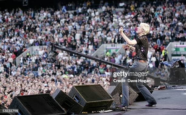 Musician Annie Lennox performs on stage at the Live 8 Edinburgh concert at Murrayfield Stadium on July 6, 2005 in Edinburgh, Scotland. The free gig,...