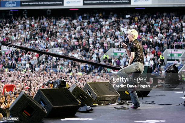 Musician Annie Lennox performs on stage at the Live 8 Edinburgh concert at Murrayfield Stadium on July 6, 2005 in Edinburgh, Scotland. The free gig,...