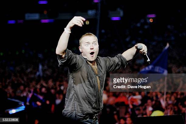 Singer Ronan Keating performs on stage at the Live 8 Edinburgh concert at Murrayfield Stadium on July 6, 2005 in Edinburgh, Scotland. The free gig,...