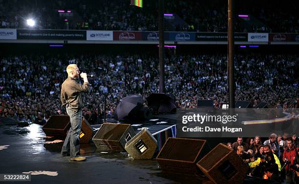 Singer Ronan Keating performs on stage at the Live 8 Edinburgh concert at Murrayfield Stadium on July 6, 2005 in Edinburgh, Scotland. The free gig,...