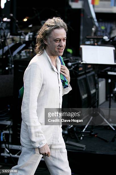 Musician Sir Bob Geldof performs on stage at the Live 8 Edinburgh concert at Murrayfield Stadium on July 6, 2005 in Edinburgh, Scotland. The free...