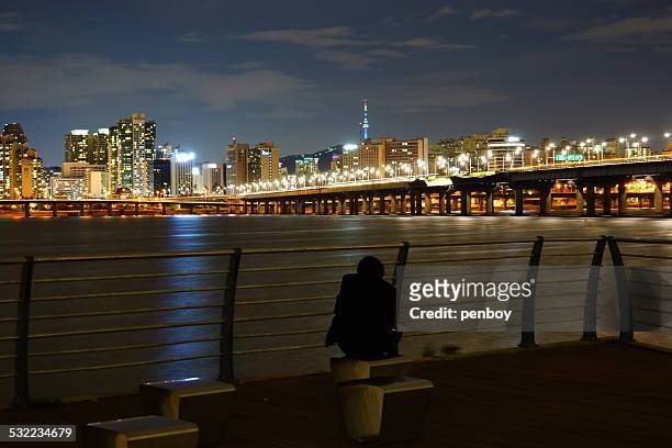 night view of hangang riverside - river han stock pictures, royalty-free photos & images