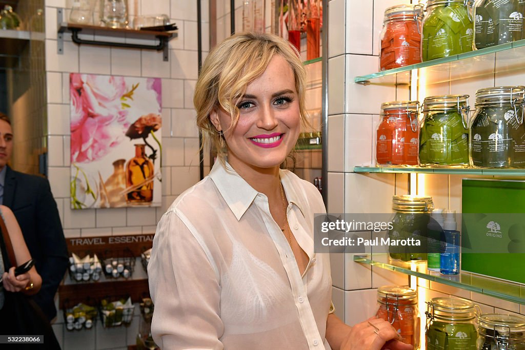 Origins And Taylor Schilling Celebrate Unveiling Of Discovery Retail Concept At Harvard Square Store In Cambridge, MA