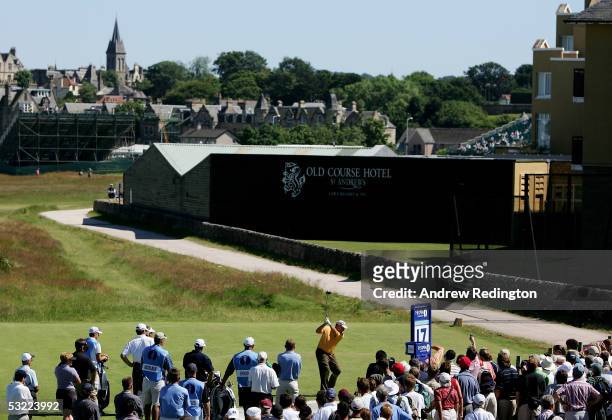 Jack Nicklaus of the U.S. Tees off on the 17th hole during practice for the 134th Open Championship at Old Course, St. Andrews Golf Links, July 11,...