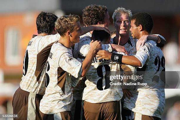 Players of Pauli celebrate Khvicha Shubitidze scoring a goal during the friendly match between FC St. Pauli and AC Horsens on July 11 Germany.