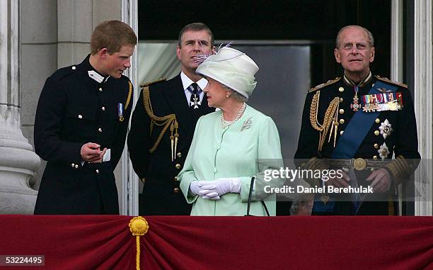 Prince Harry, Prince Andrew, Duke of York, HM Queen Elizabeth II, The Queen, and Prince Philip, Duke of Edinburgh, watch the flypast over The Mall of...