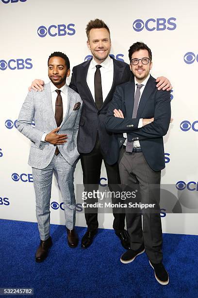 Actors Shaun Brown, Joel McHale and Christopher Mintz-Plasse of CBS television series "The Great Indoors" attend the 2016 CBS Upfront at Oak Room on...