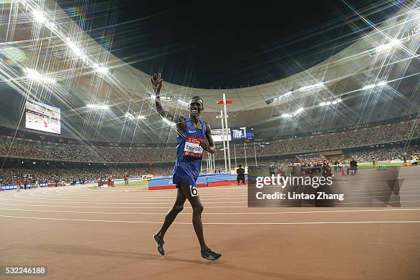 Ezekiel Kemboi of Kenya celebrates after winning the Men's 3000 metres steeplechase final during the 2016 IAAF World Challenge Beijing at National...