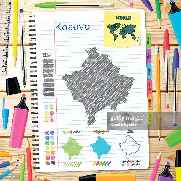 ilustraciones, imágenes clip art, dibujos animados e iconos de stock de kosovo mapa dibujado a mano sobre cuaderno. fondo de madera - pristina