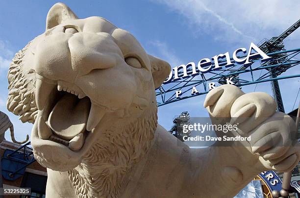 Tiger statue is seen outside of the Comerica Park entrance before the start of the 2005 Major League Baseball Home Run Derby at Comerica Park on July...