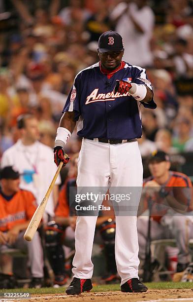 American League All-Star David Ortiz of the Boston Red Sox reacts to a pitch during the 2005 Major League Baseball Home Run Derby at Comerica Park on...