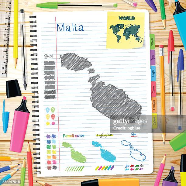 malta maps hand drawn on notebook. wooden background - malta stock illustrations