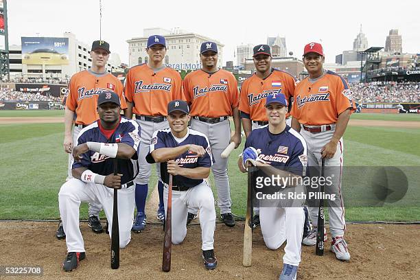 Participants in the 2005 Major League Baseball Home Run Derby pose for a portrait Jason Bay of the Pittsburgh Pirates, Hee-Seop Choi of the Los...