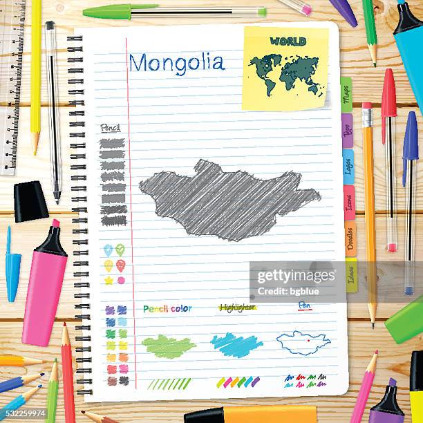 mongolia maps hand drawn on notebook. wooden background - ulaanbaatar stock illustrations