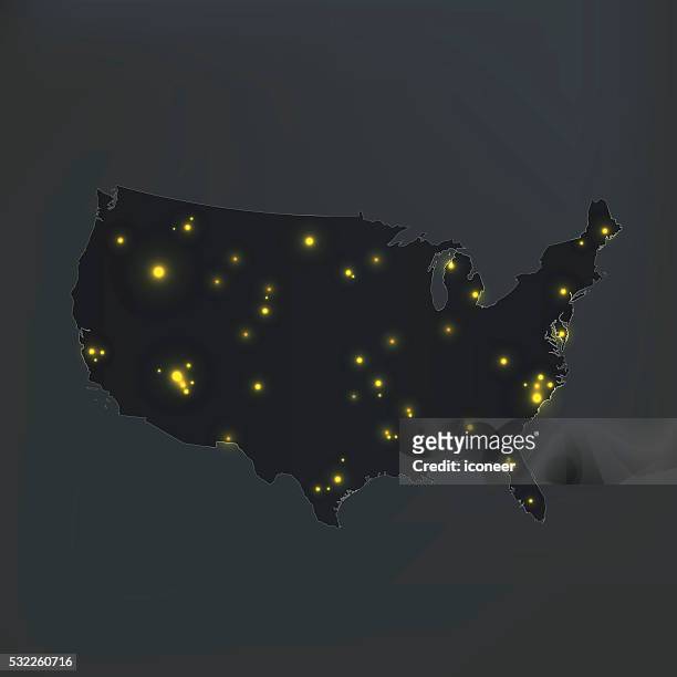 usa map dark with light spots and on background - photopollution stock illustrations
