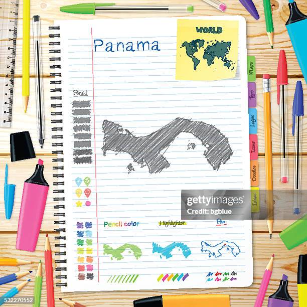 panama karten handgezeichnet auf notebook. hölzerner hintergrund - panama city panama stock-grafiken, -clipart, -cartoons und -symbole