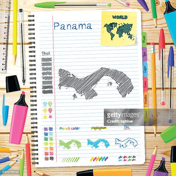 panama maps hand drawn on notebook. wooden background - panama stock illustrations