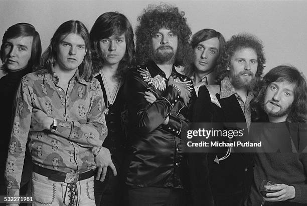 British rock group Electric Light Orchestra, 5th February 1975. Left to right: cellist Melvyn Gale, cellist Hugh McDowell, singer and drummer Bev...