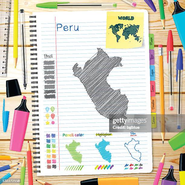 peru maps hand drawn on notebook. wooden background - lima peru map stock illustrations