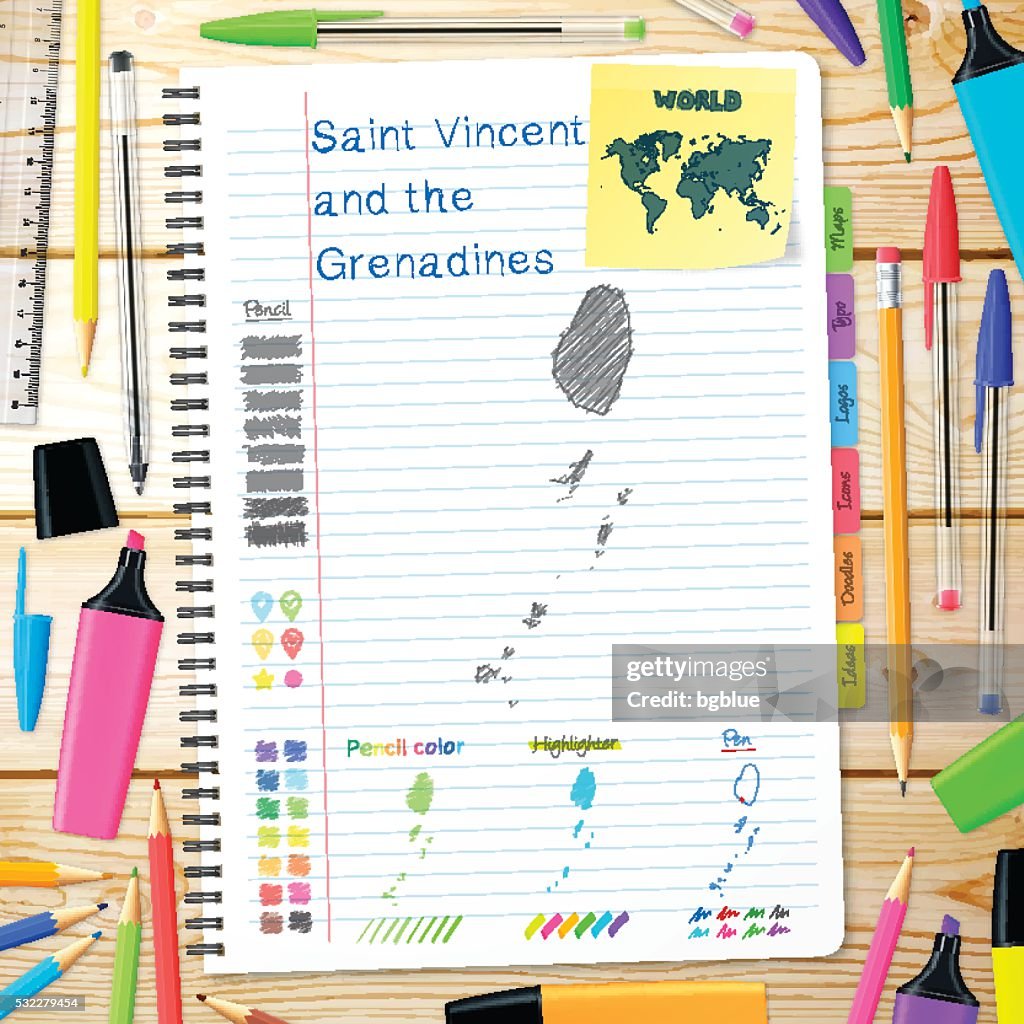Saint Vincent and the Grenadines maps hand drawn on notebook
